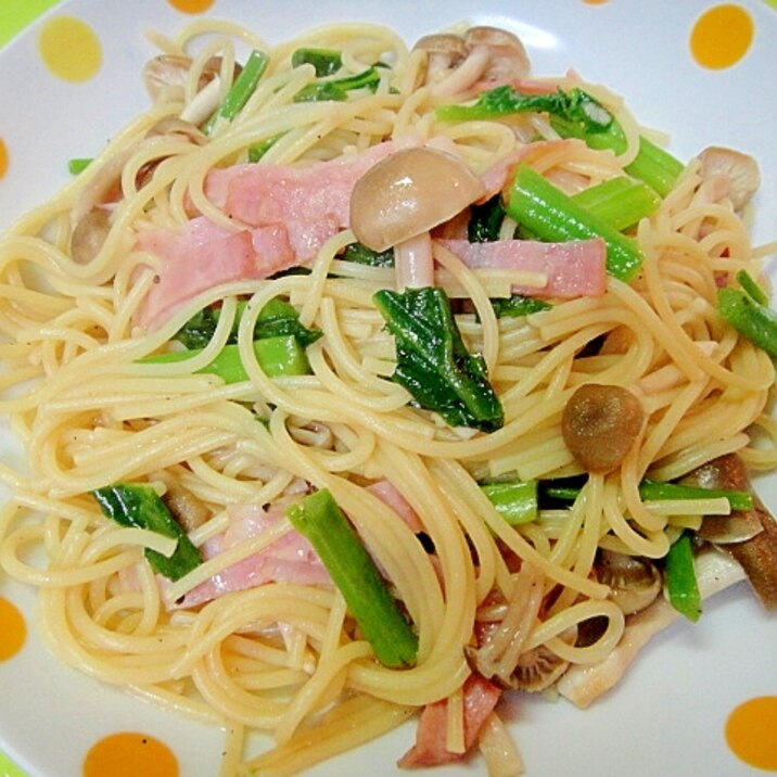 しめじとベーコンつるむらさきのポン酢パスタ